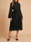 Elegant Vintage Green Lace Midi Dress for Women High Neck Sheert Flare Sleeve Belted Waist Desgin for Luxury Dinners Party