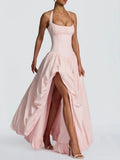 Solid Hotsweet Party Dress for Women Halter Neck Sleeveless Tunic Backless Slit Luxurious Puff Dresses Female New