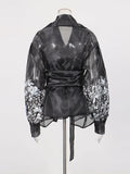 Solid Casual Patchwork Lace Up Blouse For Women V Neck Long Sleeve Spliced Mesh Embroidery Blouses Female Fashion