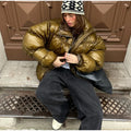 Stand Neck Glossy Surface Padded Cotton Short Coat Women Full Sleeve Thicken Pockets Jackets Coat Female Winter Chic Streetwear