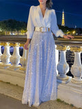 Splice Sequins Maxi Dresses For Women Fashion Folds Loose V Neck Elegant Dress Femme Party Evening Dresses Luxury