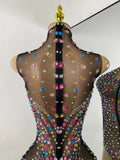 Sparkly Red Rhinestones Women Sexy Mesh See Through High Stretch Bodysuit Nightclub Performance Dance Costume Singer Stage Wear