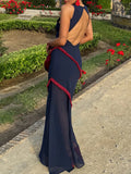 Elegant Spliced Sheer Mesh Dress for Women O Neck Sleeveless High Waist Hit Color Slimming Evening Dresses Female