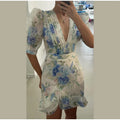 Elegant Women's Printed Pleated Dress Slim Short Bubble Sleeve V-neck Split Dresses 2026 Spring Summer Lady Fashion Holiday Robe