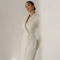 Minimalist Office Dress for Women Notched Colalr Long Sleeve High Waist Slimming Split Design Solid Dresses Female