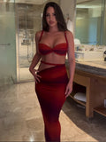 Bandage Ruched 2 Piece Set Women Square Collar Bra+Skinny Long Skirts 2025 Summer Vacation Beach Party Trend Suits