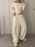 Solid Two Piece Set for Women Slash Neck Irregular Hem Long Sleeve Top High Waist Straight Pant Casual Suit Female