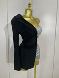 Women Shiny Sequins Black Splicing Long Sleeved Shorts Jumpsuit Celebirty Evening Birthday Party Bar Fashion Club Casual Dress