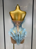 Women Sexy Strapless Sky Blue Diamonds Mesh Mini Dress Luxury Birthday Evening Party Costume Bar Nightclub Singer Stage Outfit