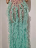 Sexy Sleeveless Mesh Ruffled See Through Long Dress Sparkly Rhinestone Eveing Birthday Party Nightclub Bar Singer Stage Costume