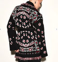 Women's Shawl Collar Fringe Knitted Cardigan Self Fabric Belt Waist Ethnic Print Loose Long Sleeve Mid Length Coat Autumn Casual