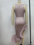 Sexy Spliced Ruffled Hem Midi Dress for Women Halter Sleeveless High Waist Patchwork Lace Up Slim Dresses Female
