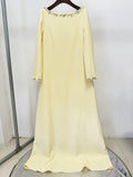 Loose Solid Crystal Bead Elegant Chic Dresses For Women Round Neck Long Sleeve Solid Long Maxi Dress Female