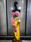 Golden Sequined Women Sexy Florals Tops Bodycon Long Skirt 2 Pieces Set Celebrate Evening Party Birthday Photoshoot Wear