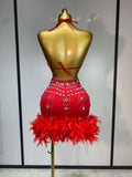 Women Sexy Halter Crystal Feathers Bodycon Mini Dress Nightclub Performance Stage Outfit Luxury Birthday Photo Shoot Dress