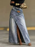 Women Baggy Denim Skirt High Waist Irregular Slit A Line Maxi Casual Fashion Personality Summer 05E03085
