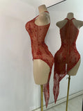 Sparkly Gold Design Evening Party Dress Luxury Rhinestones See Through Sexy Women's Clothing Mesh Stretch Birthday Dresses