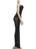Coquette Jumpsuit Women Strapless Irregular Mesh Patchwork Ruched Bandage Ribbon Sexy Hottie Stretch Skinny Clubwear