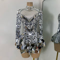 Flashing Rhinestones Mirrors Long Sleeve Dress Performance Singer Dancer Costume Bar Nightclub Party Stage Wear Birthday Vestido