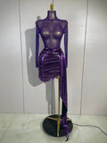 Luxury Sparkly Diamond Birthday Evening Party Nightclub Team Stage Costume Sexy Mesh See Through Purple Long Sleeves Mini Dress