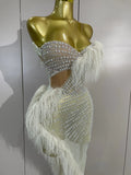 New Sparkly Rhinestone Off The Shoulder White Mesh See-Through Long Dress Sexy Eveing Party Birthday Nightclub Stage Costume