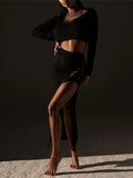 Sexy Lady Two Pieces Sets Hollow Out Crochet Knitted Suit Parti Dresses Women 2 Piece Matching Set with Midi Skirt Outfit