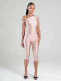 Sexy Irregular Knot 2-Piece Set Women Diognal Collar Crop Top+Capri Pants Stylish Solid Hottie Street Slim Outfits