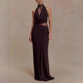 Solid Halter Spliced Lace Bodycon Long Dresses for Women Swing Collar High Waist Sexy Hot Girl Evening Gown Female