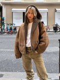 Brown Suede Shearling Lined Hooded Cropped Jacket Women's Bomber Coat  Warm Winter Outerwear Fashion High Street Lady Outfit