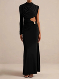 Cowl Neck Maxi Evening Dress for Women One Long Sleeve Cutout Waist Backless Cape Sleeve for Formal Party Bodycon Solid Gown