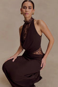Elegant Red Brown Lace Patchwork Long Dress Women's Turtleneck Draped Collar Dresses Evening Party Wedding Guest Summer White