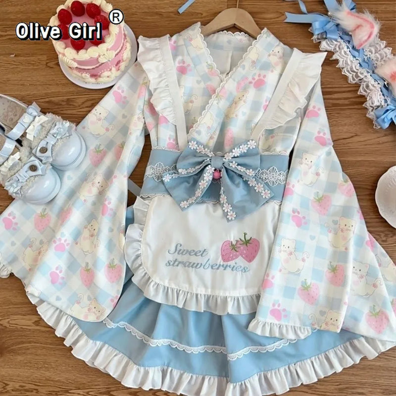 Olivegirl Lolita Dress Set Servant Lolita Bow Lace Japanese Style Modified Adorable Kawaii Full Print Women's Clothing