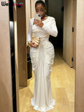Classic Banquet Dress+Scarf Women Irregular Collar Flare Sleeve Elegant Pleat Patchwork Evening Stretch Slim Bodycon