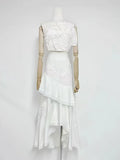 Elegant Pink Two Piece Set for Women Lace Trim Tube Top Asymmetrical Tiered Ruffles Midi Skirt Outfits for Beach Getaways