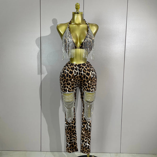 2026 New Sparkly Rhinestones Chains Leopard Print Bikini Top Pants Two Pieces Set Women Sexy Party Birthday Nightclub Stage Wear