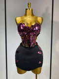 Women Long Sleeve Sequin Mini Bodycon Three Piece Set Birthday Evening Party Costume Bar Nightclub Performance Stage Outfit