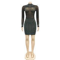 Crystal Diamonds Mesh Sheer Long Sleeve Bodycon Short Dress for Women Outfits Sexy Party Night Club Birthday Mini Dresses