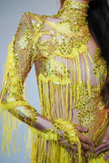 Sexy Skinny Leotard Singer Dancer Show StageWear Sparkly Blue Rhinestones Women DanceCostume Fringes One Shoulder Bodysuit  7G