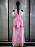 Pink Color Women Sexy Halter Off the Shoulder Draped Bodycon Long Maxi Dress Birthday Party Summer Vacation Celebrate Clothing