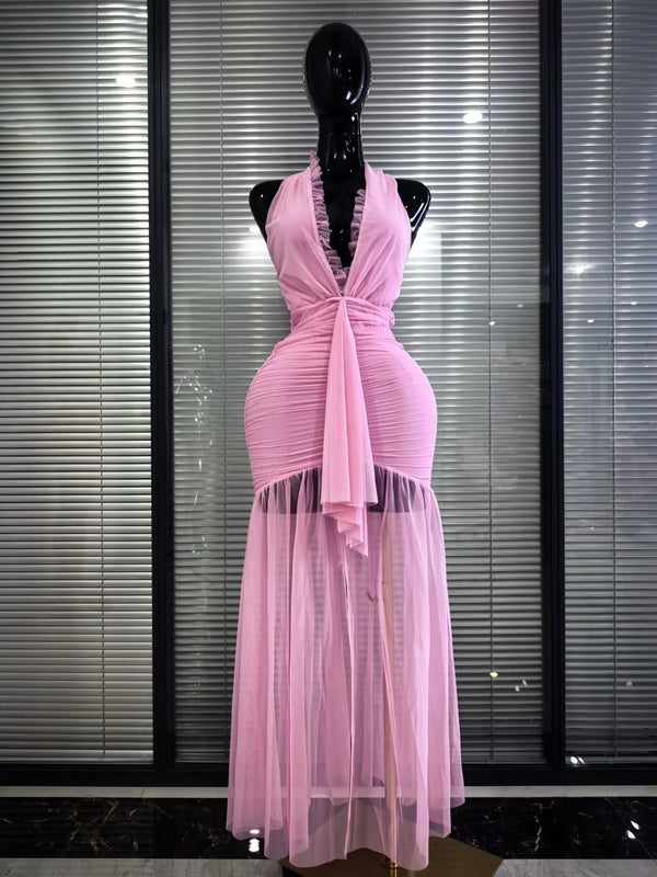 Pink Color Women Sexy Halter Off the Shoulder Draped Bodycon Long Maxi Dress Birthday Party Summer Vacation Celebrate Clothing