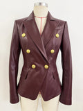 New 2026 Designer PU leather Jacket Women's Slim Fitting Double Breasted Lion Buttons Denim Blazer