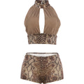 Snake Pattern Print 2 Piece Set Woman Halter Backless Crop Tops+Skinny Peach Hip Shorts Hot Girls Sexy Fashion Suits