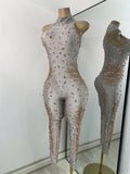 Women Sexy Spandex Rhinestones Sleeveless Tight Jumpsuit Celebrate Birthday Evening Club Rompers Photo Shoot Wear