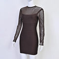 Vintage Elagant Brown Bandage Mini Dress Mesh See Through Sexy Evening Party Dress Slim Elastic Bodycon Dresses Women