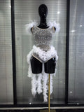 Sparkly Rhinestones Women Sexy Mesh See Through Bodycon Bodysuit Bar Dancer Latin Performance Costumes Stage Wear