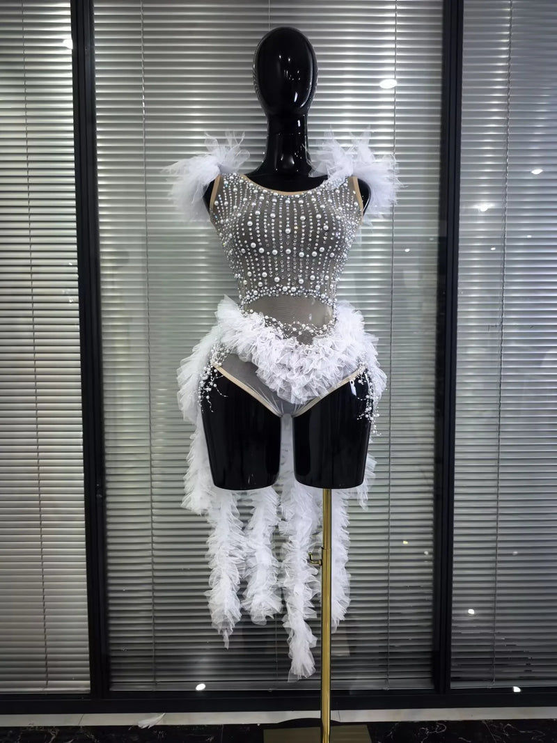 Sparkly Rhinestones Women Sexy Mesh See Through Bodycon Bodysuit Bar Dancer Latin Performance Costumes Stage Wear
