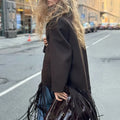 Solid Spliced Tassel Coat for Women Lapel Long Sleeve High Waist Temperament Minimalist Trench Female Fashion New