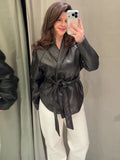 Women's Chic Lapel Oversized PU Leather Jacket Casual Full Sleeve Drop Shoulder Belted Coat Lady 2026 Spring Chic Streetwear