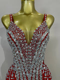 Sexy Sparkly Rhinestones Long Tassels Red Mesh Stretch Bodysuits Women Eveing Party Birthday Nightclub Performance Stage Costume