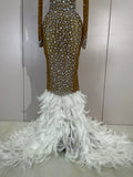 New Sexy Sparkling Red Crystals Feathers Long Sleeve Mermaid Maxi Dress Women Wedding Celebrate Luxury Birthday Party Prom Gown